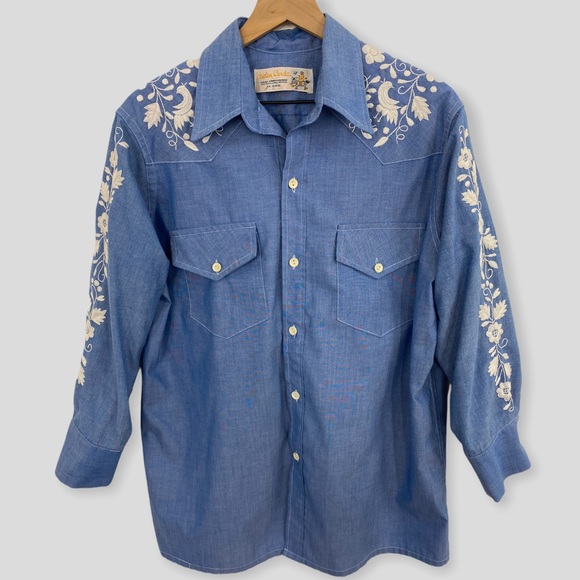 Vintage Other - Vintage 70s Helen Cerda Hand Embroidered Chambray Button Down Shirt